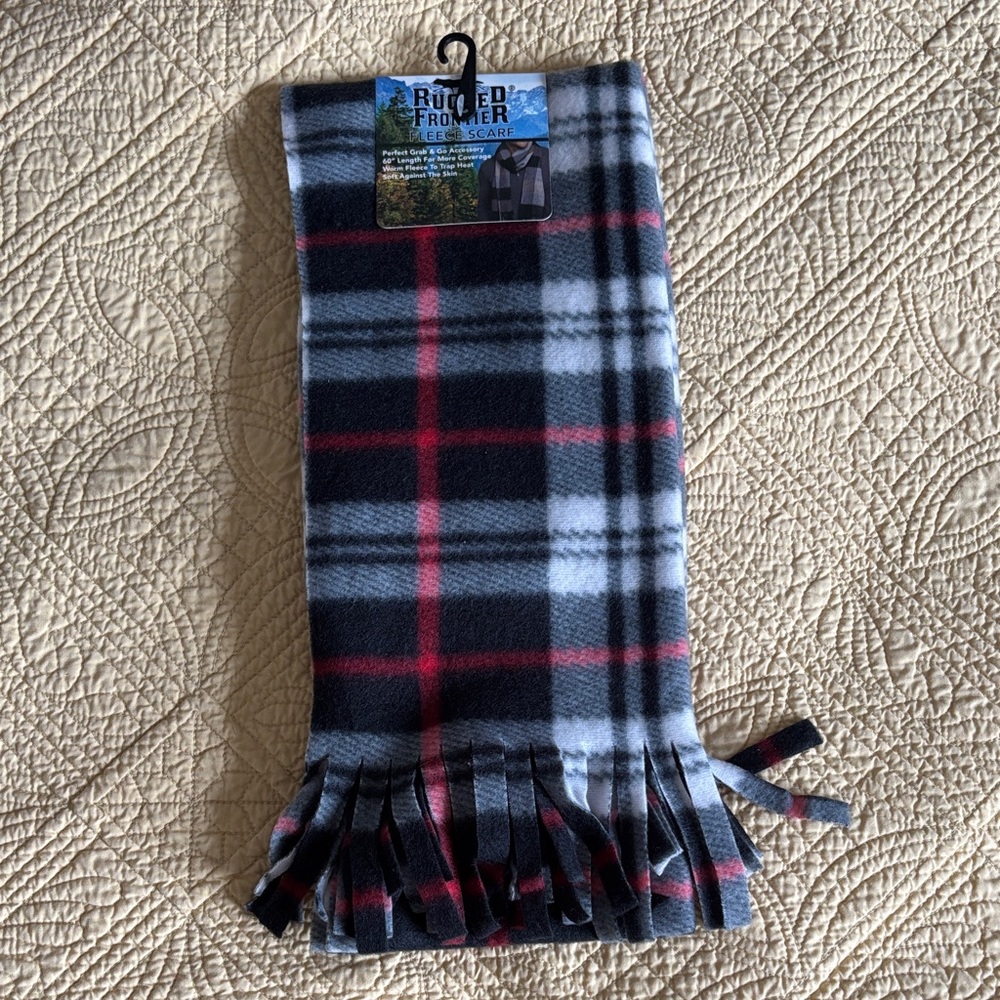 Plaid Fleece Scarf with Fringe